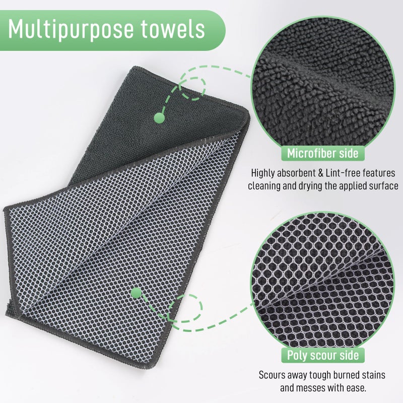 SINLAND Microfiber Dish Cloths Wash Clothes for Kitchen Best Kitchen Cloths Cleaning Cloth Poly Scour Side 12"x12" (5Pack, Dark Grey) - Image 3